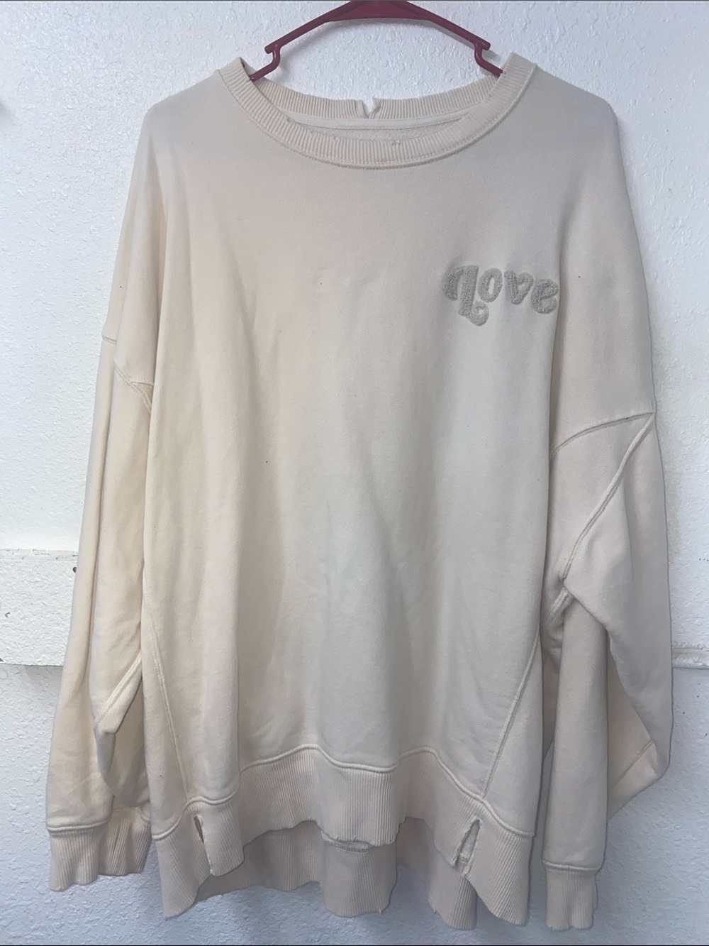 aerie - distressed style- Cream 'Love' patch Pullover Cotton blend sweatshirt- L